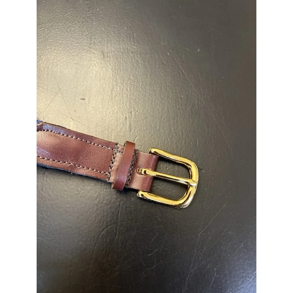 Preppy Brown Leather Blue White Needlepoint Block S Youth Belt XS